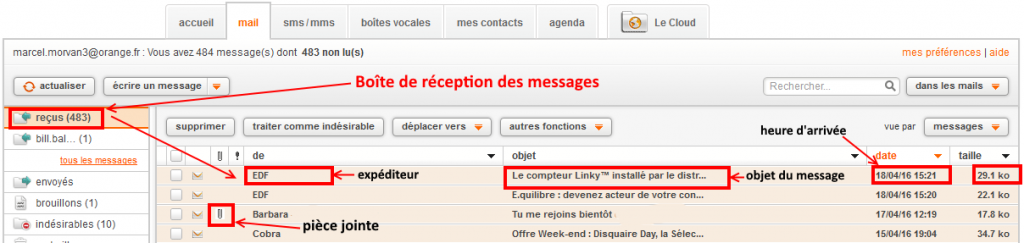 boite de réception des messages Orange Webmail