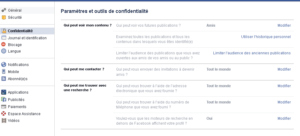 Facebook confidentialités